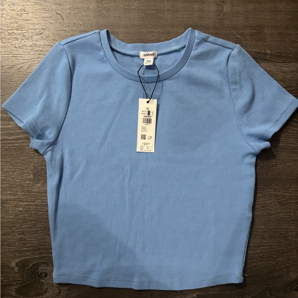 Garage Light Blue Ribbed Short Sleeve Tee